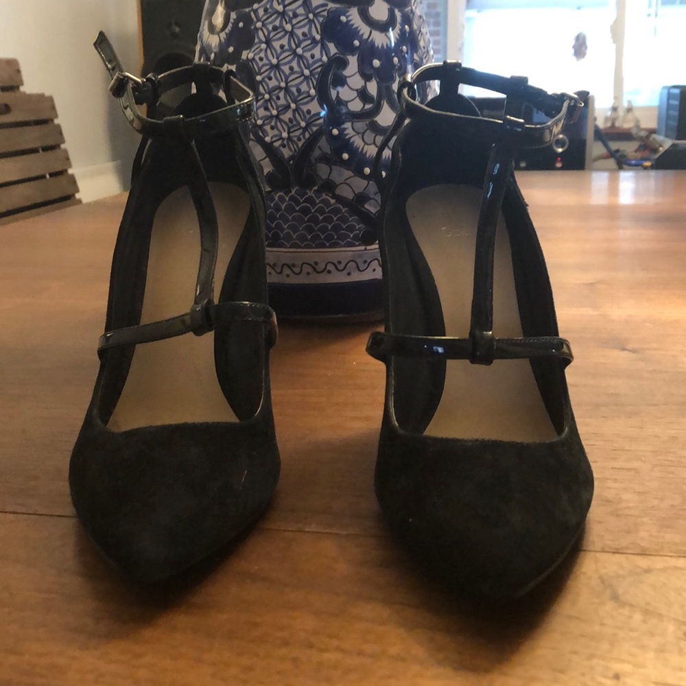 Joe’s black suede t-strap stilettos